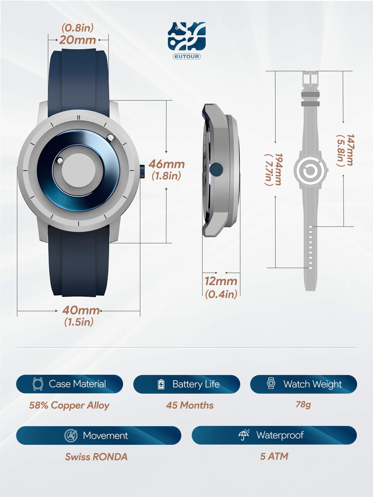 5ATM magnetic watch - EUTOUR E024-M, view 5
