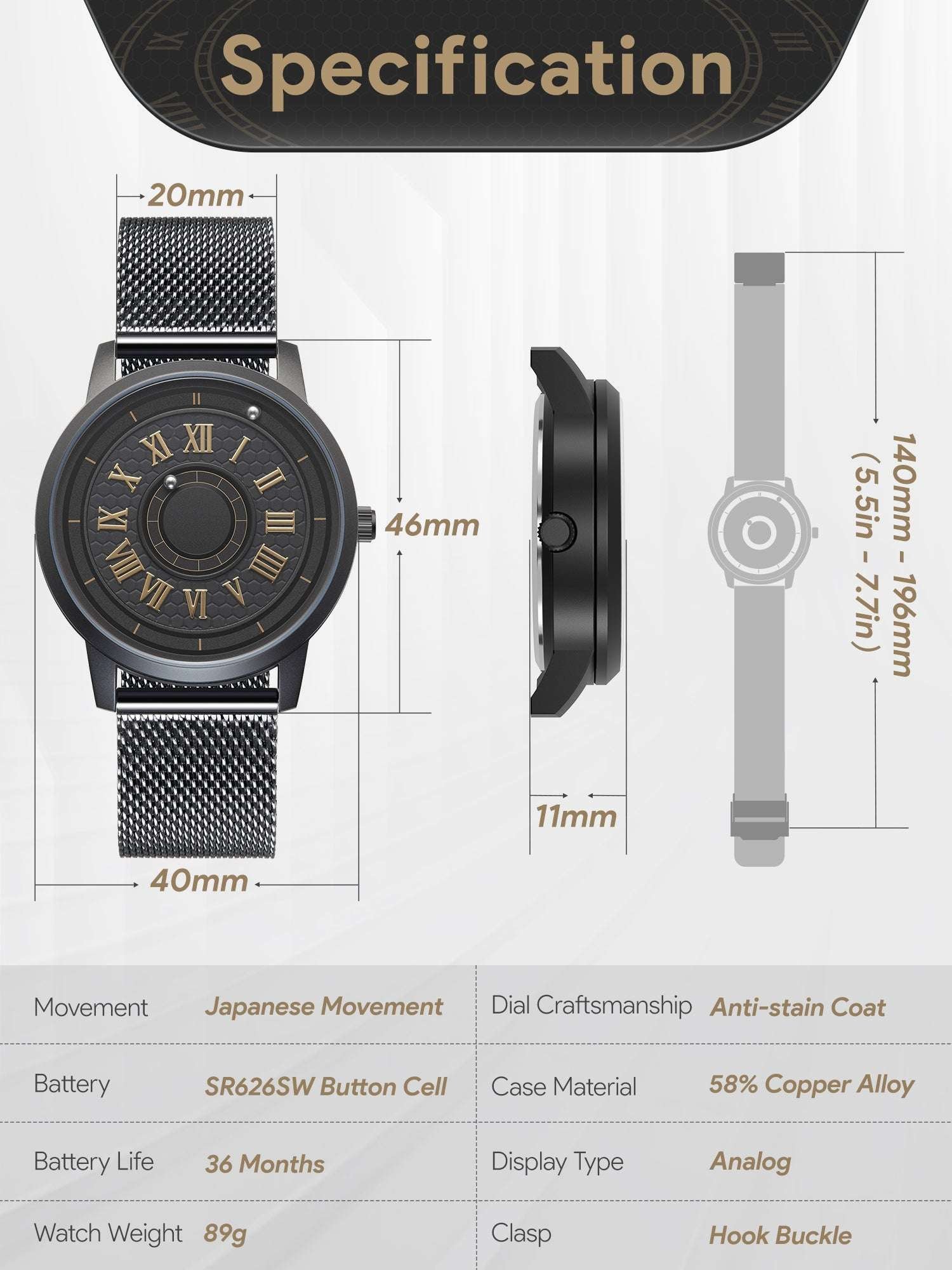 Close-up detail of the EUTOUR U040A roman numeral watch