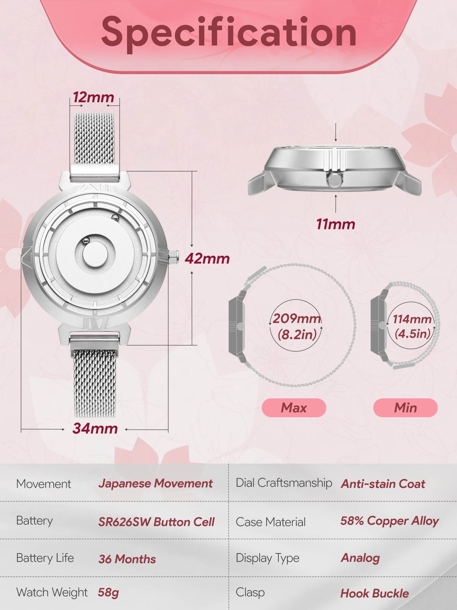 Case and strap dimensions of the EUTOUR U043 magnet watch for women