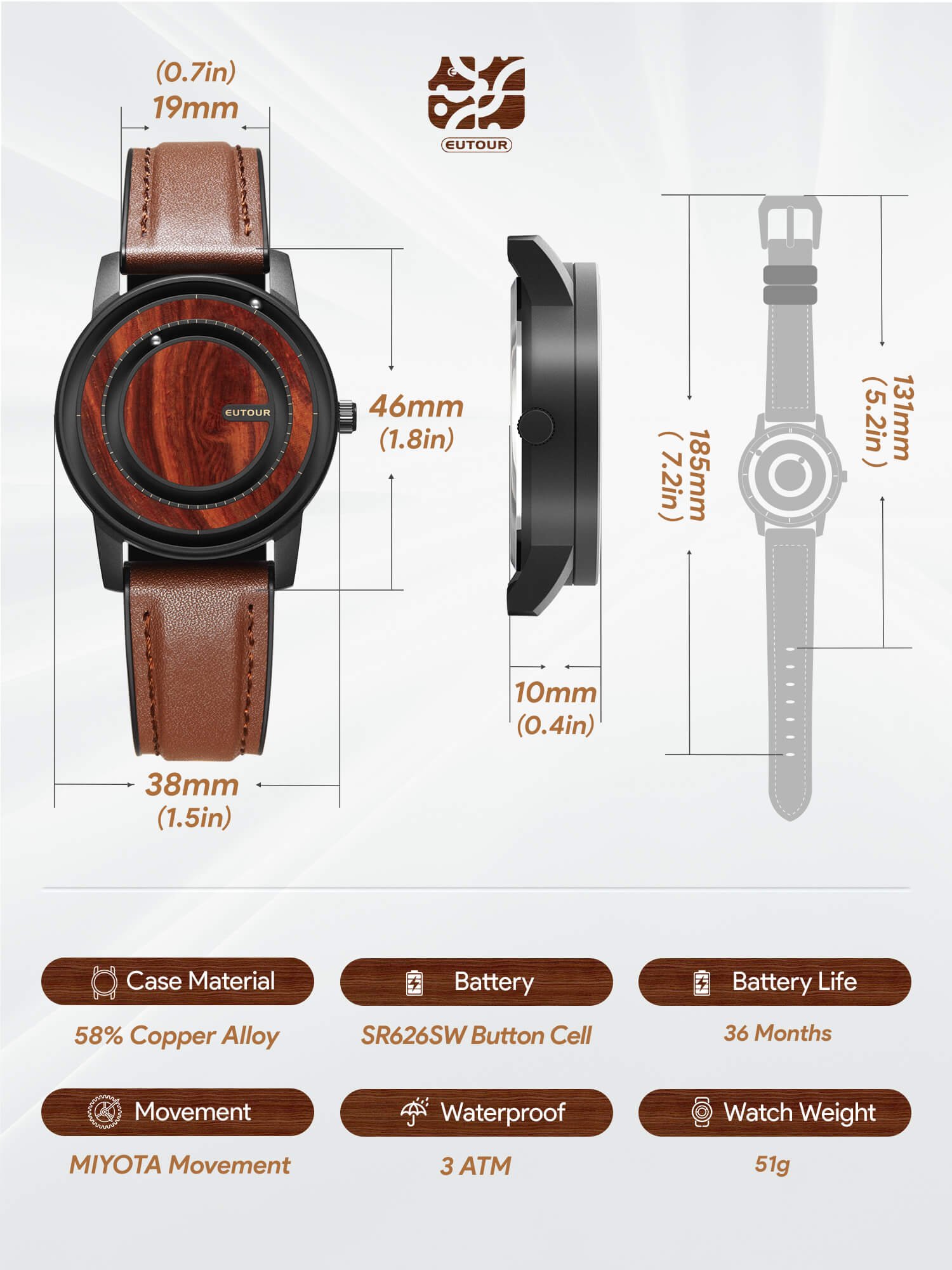nature series wooden watch specifications and materials - EUTOUR U056