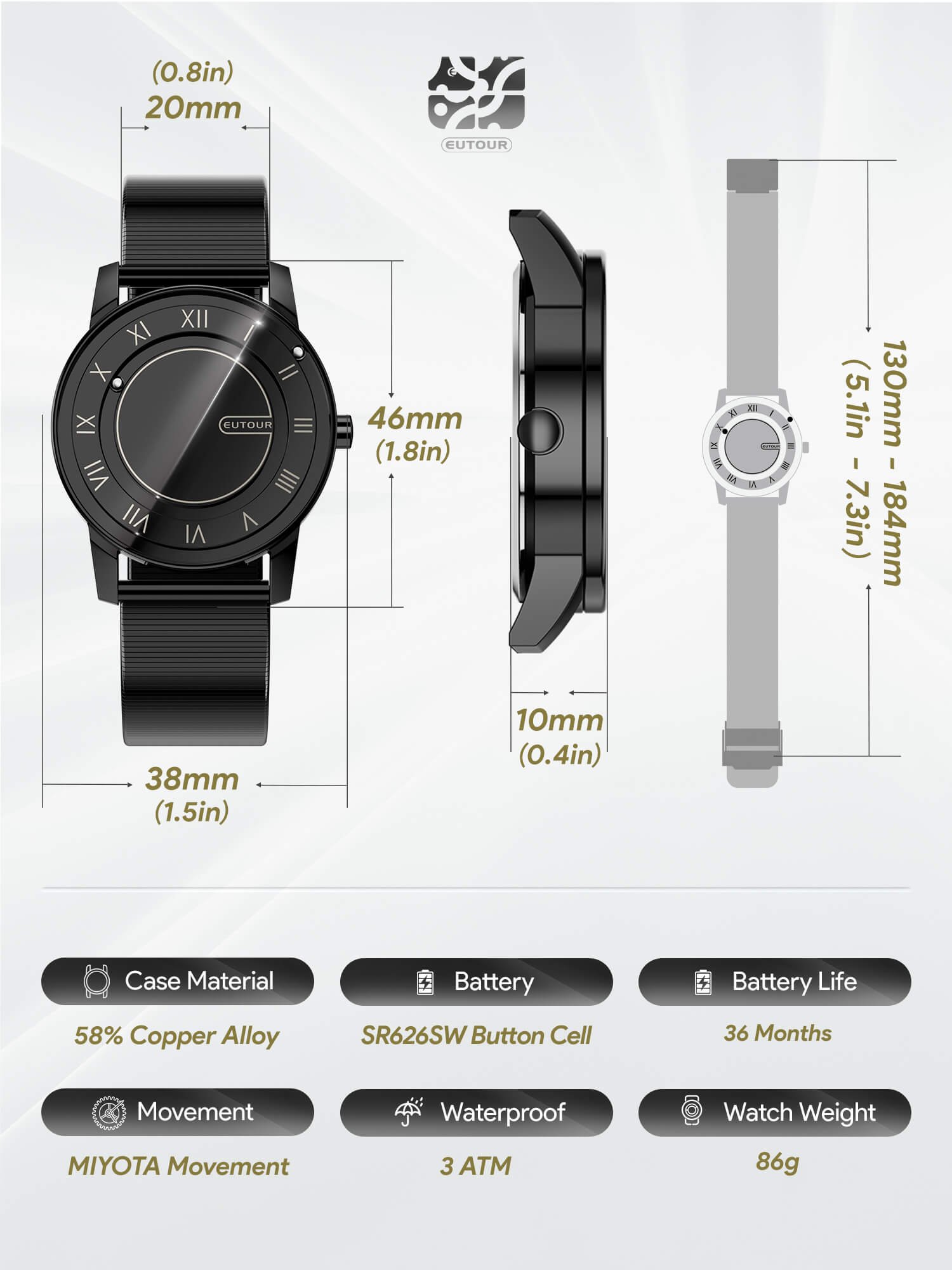 mirror dial watch - EUTOUR U056M, product view 3